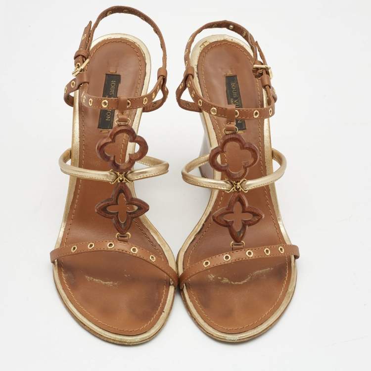 Pre Owned Louis Vuitton Metallic Gold/Brown Leather Wedge Sandals Size 38.5   