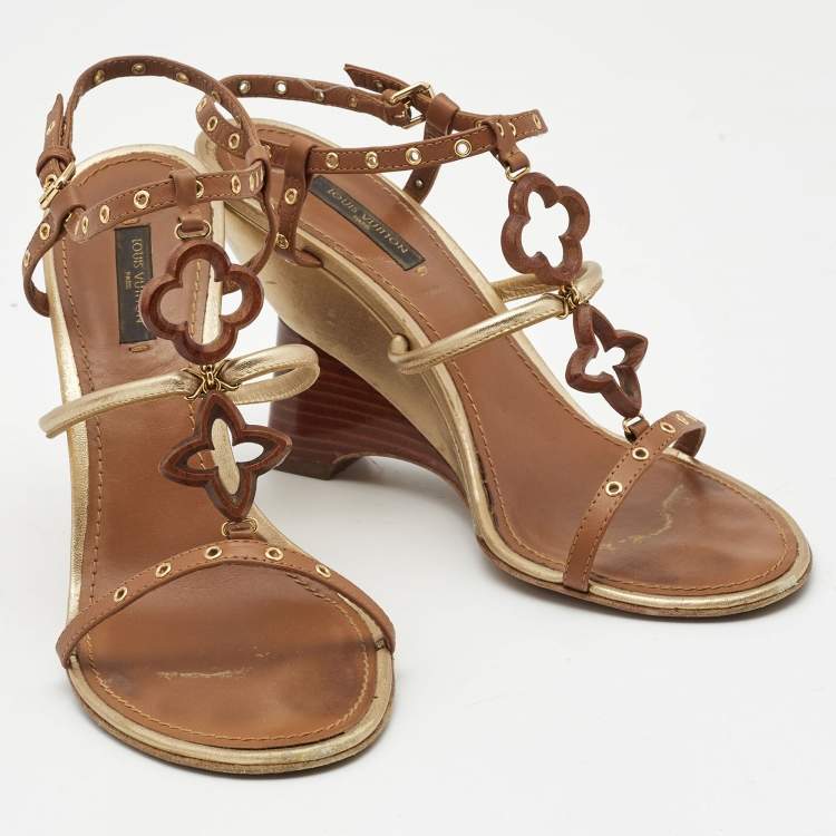 Pre Owned Louis Vuitton Metallic Gold/Brown Leather Wedge Sandals Size 38.5   