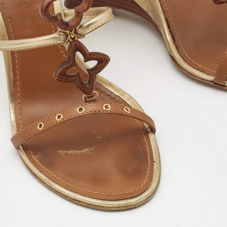 Pre Owned Louis Vuitton Metallic Gold/Brown Leather Wedge Sandals Size 38.5   