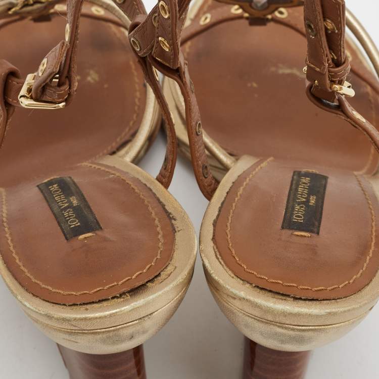 Pre Owned Louis Vuitton Metallic Gold/Brown Leather Wedge Sandals Size 38.5   