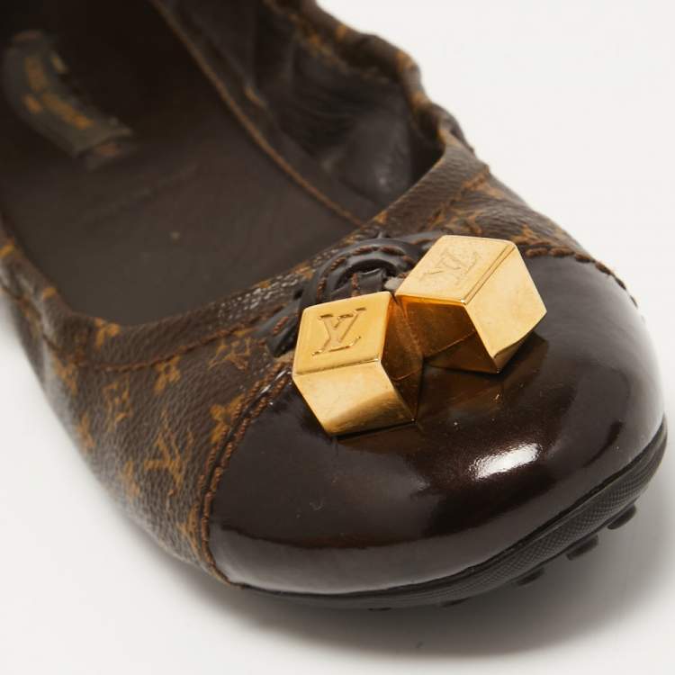 Pre Owned Louis Vuitton Brown Leather and Monogram Canvas Lovely Scrunch Ballet Flats Size 39