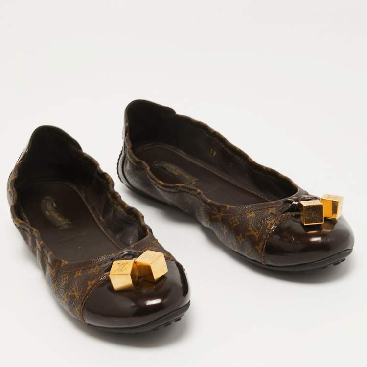 Pre Owned Louis Vuitton Brown Leather and Monogram Canvas Lovely Scrunch Ballet Flats Size 39