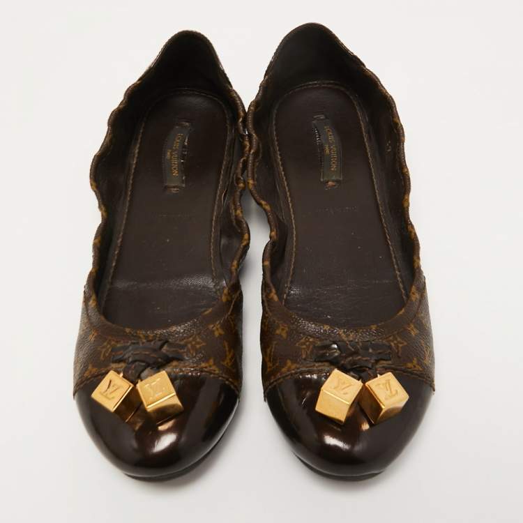 Pre Owned Louis Vuitton Brown Leather and Monogram Canvas Lovely Scrunch Ballet Flats Size 39