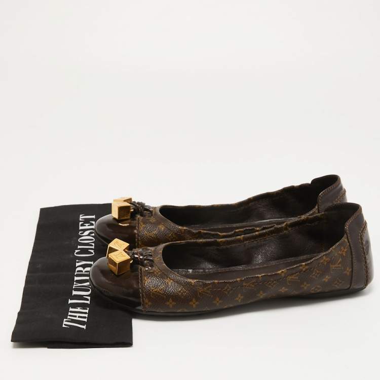 Pre Owned Louis Vuitton Brown Leather and Monogram Canvas Lovely Scrunch Ballet Flats Size 39