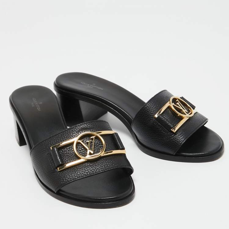 Pre Owned Louis Vuitton Black Leather Lock It Slide Sandals Size 38.5