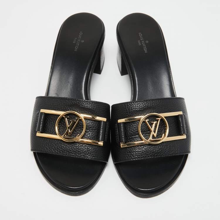 Pre Owned Louis Vuitton Black Leather Lock It Slide Sandals Size 38.5