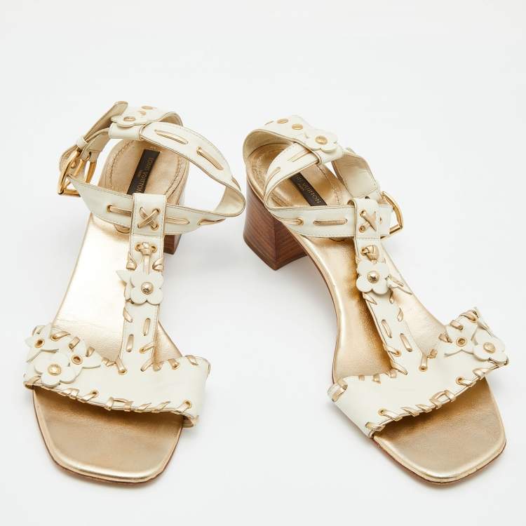 Pre Owned Louis Vuitton White/Gold Leather T-Strap Sandals Size 39