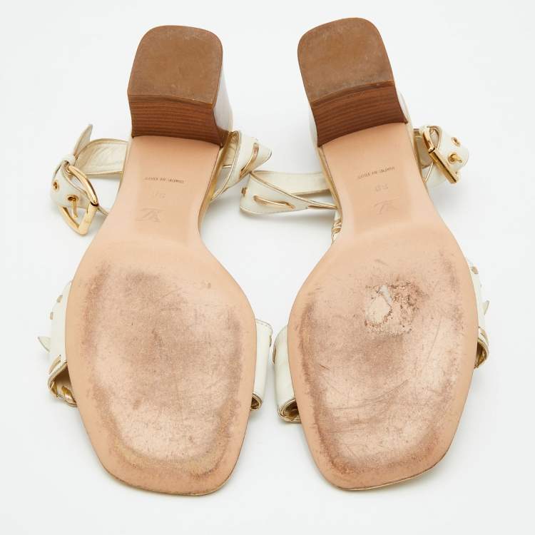 Pre Owned Louis Vuitton White/Gold Leather T-Strap Sandals Size 39