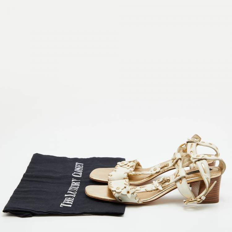 Pre Owned Louis Vuitton White/Gold Leather T-Strap Sandals Size 39