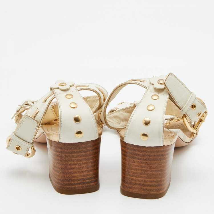 Pre Owned Louis Vuitton White/Gold Leather T-Strap Sandals Size 39