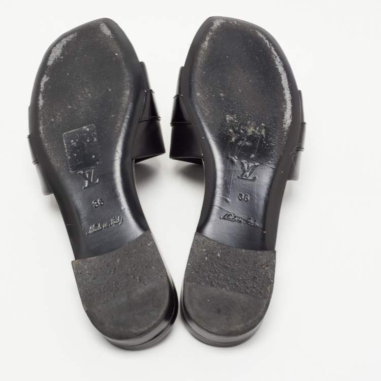 Pre Owned Louis Vuitton Black Leather Embellished Flat Slides  Size 36