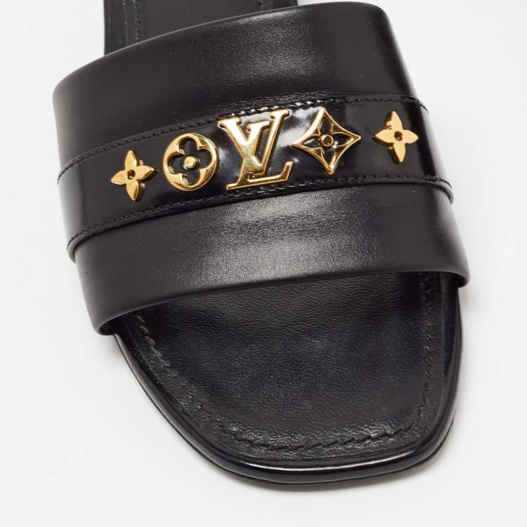 Pre Owned Louis Vuitton Black Leather Embellished Flat Slides  Size 36