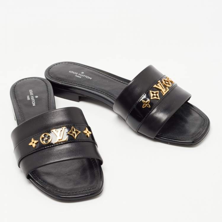 Pre Owned Louis Vuitton Black Leather Embellished Flat Slides  Size 36