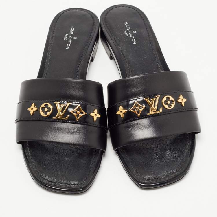 Pre Owned Louis Vuitton Black Leather Embellished Flat Slides  Size 36