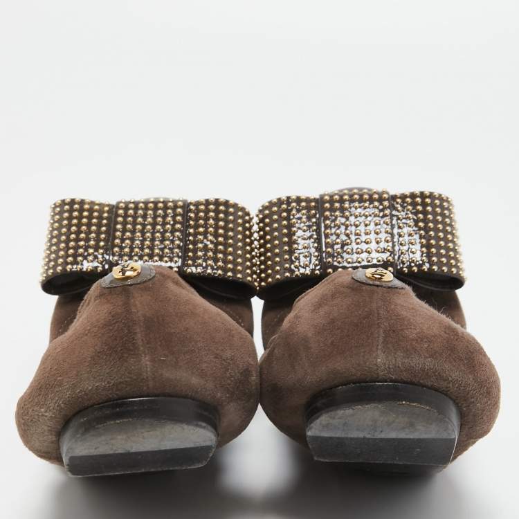 Pre Owned Louis Vuitton Brown Suede Studded Bow Ballet Flats Size 38