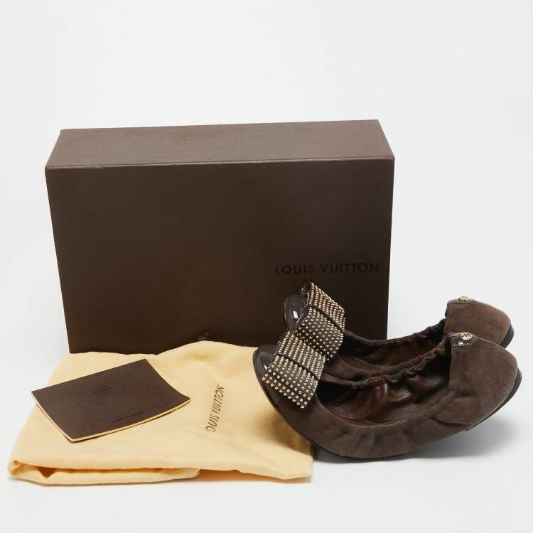 Pre Owned Louis Vuitton Brown Suede Studded Bow Ballet Flats Size 38