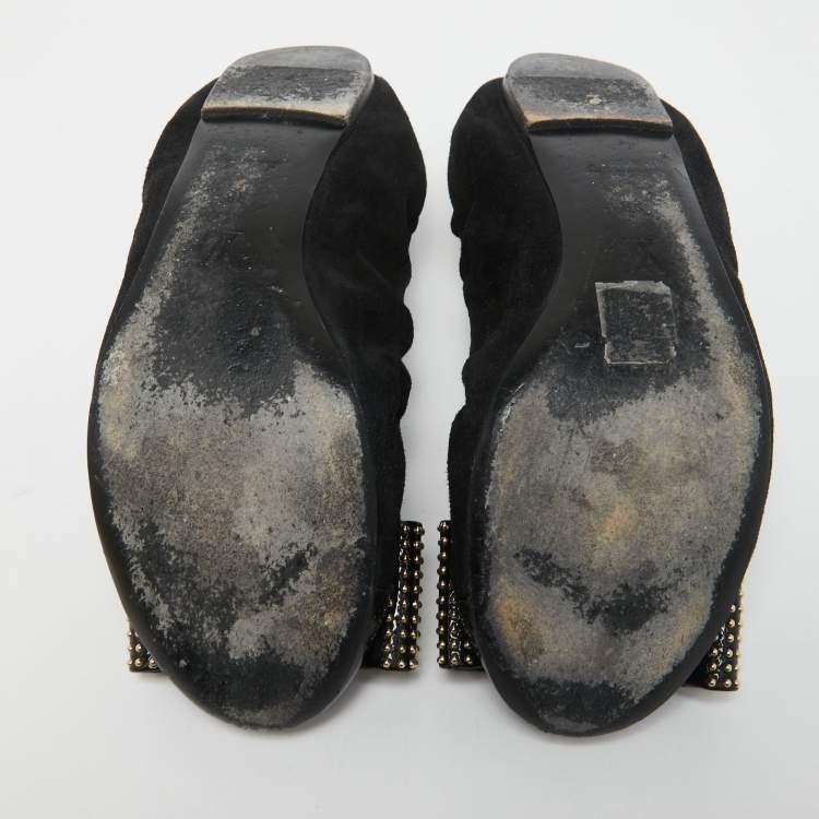 Pre Owned Louis Vuitton Black Suede and Patent Leather Mimi Studded Bow Scrunch Ballet Flats Size 38