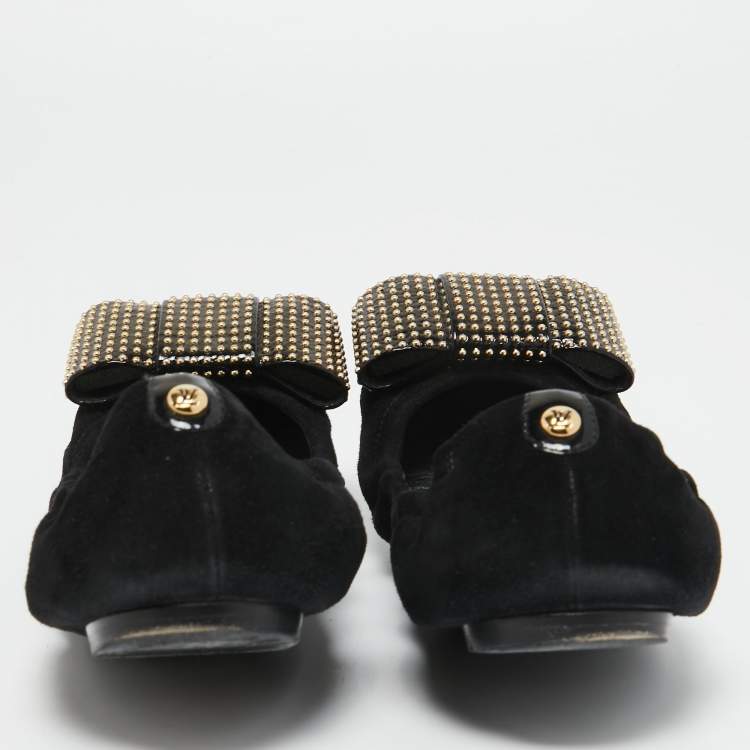 Pre Owned Louis Vuitton Black Suede and Patent Leather Mimi Studded Bow Scrunch Ballet Flats Size 38