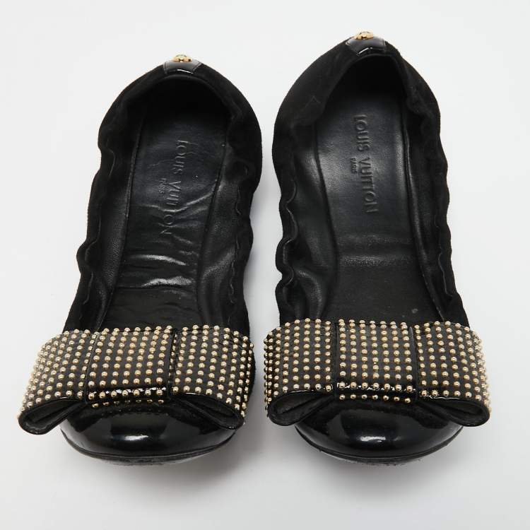 Pre Owned Louis Vuitton Black Suede and Patent Leather Mimi Studded Bow Scrunch Ballet Flats Size 38