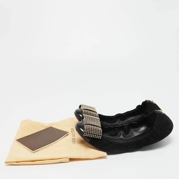 Pre Owned Louis Vuitton Black Suede and Patent Leather Mimi Studded Bow Scrunch Ballet Flats Size 38