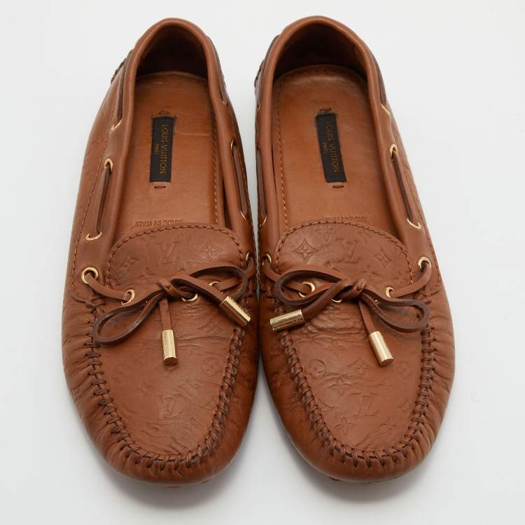 Pre Owned Louis Vuitton Brown Monogram Leather Gloria Slip On Loafers Size 38