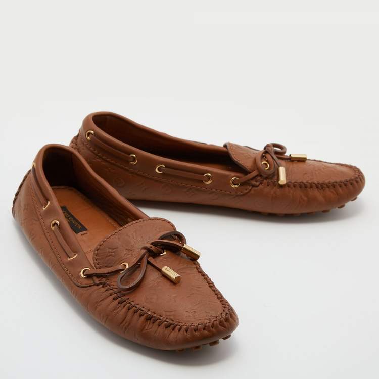 Pre Owned Louis Vuitton Brown Monogram Leather Gloria Slip On Loafers Size 38