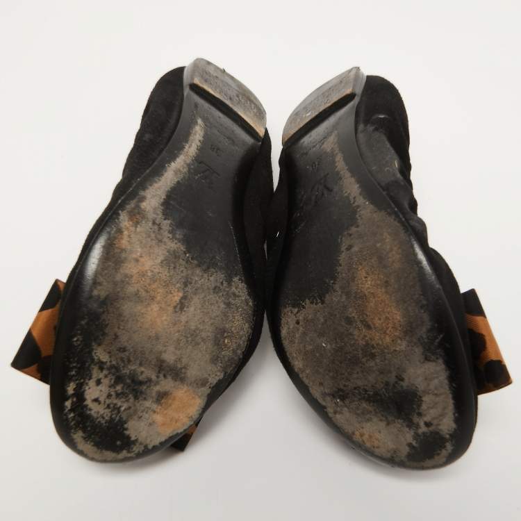 Pre Owned Louis Vuitton Black Suede and Leopard Print Fabric Bow Scrunch Ballet Flats Size 38