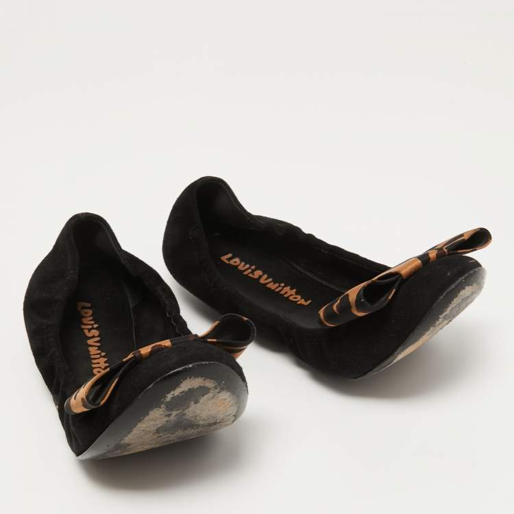 Pre Owned Louis Vuitton Black Suede and Leopard Print Fabric Bow Scrunch Ballet Flats Size 38