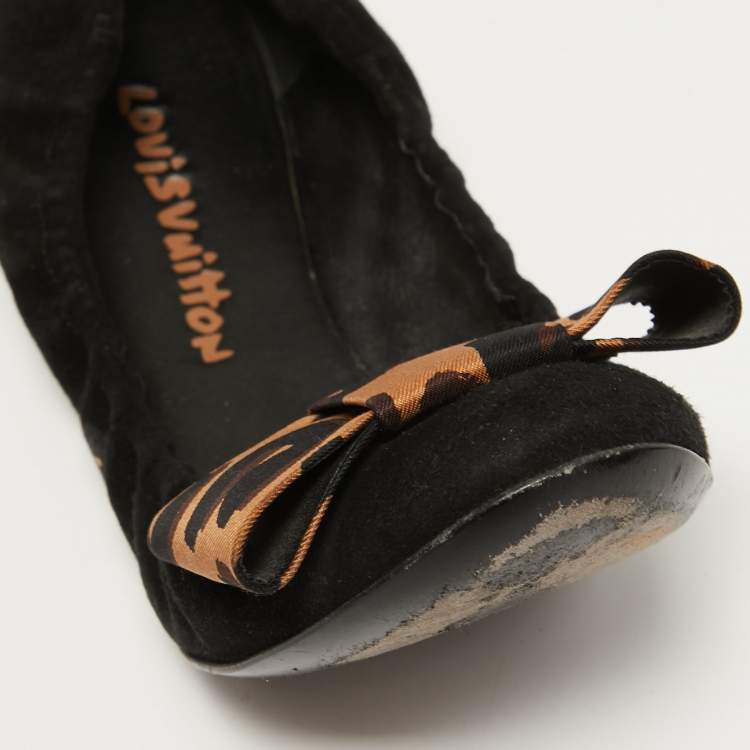 Pre Owned Louis Vuitton Black Suede and Leopard Print Fabric Bow Scrunch Ballet Flats Size 38