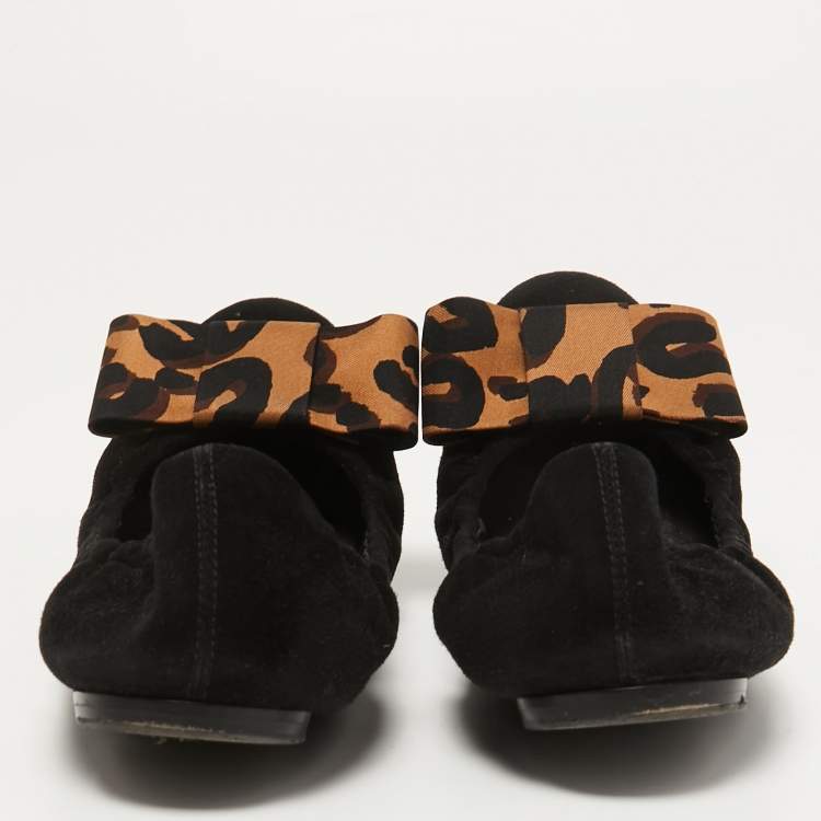 Pre Owned Louis Vuitton Black Suede and Leopard Print Fabric Bow Scrunch Ballet Flats Size 38