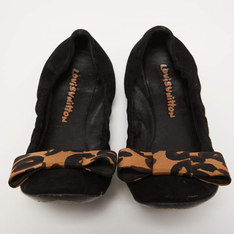 Pre Owned Louis Vuitton Black Suede and Leopard Print Fabric Bow Scrunch Ballet Flats Size 38