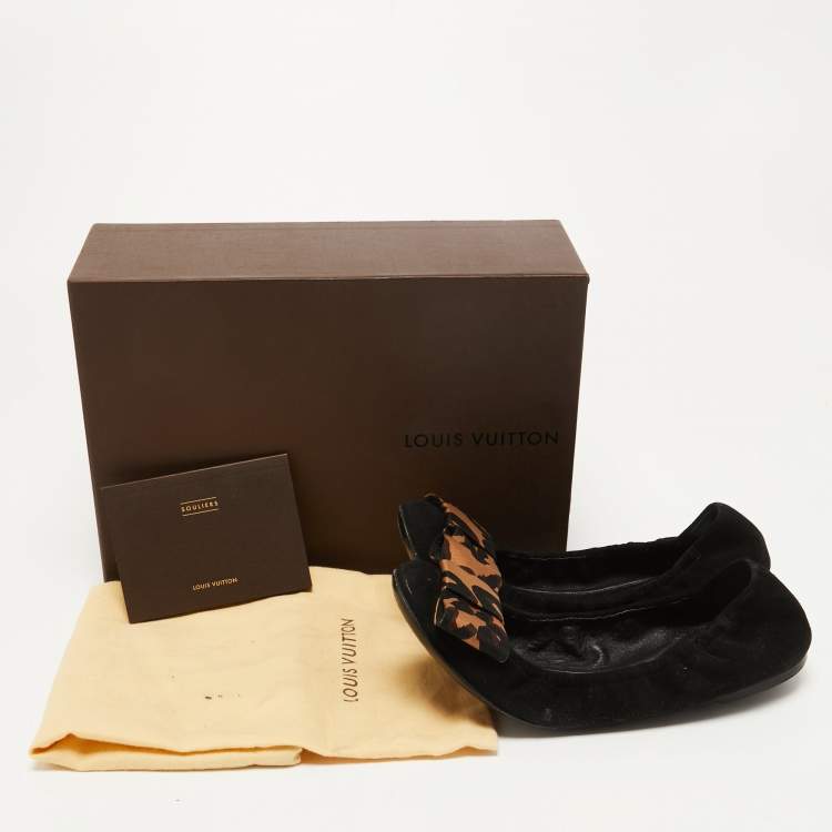 Pre Owned Louis Vuitton Black Suede and Leopard Print Fabric Bow Scrunch Ballet Flats Size 38