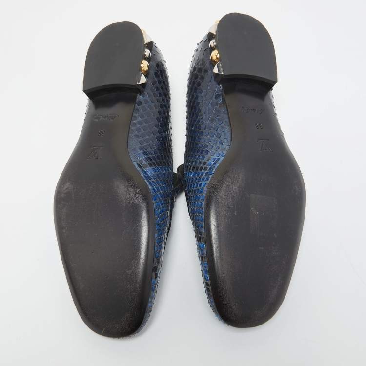 Pre Owned Louis Vuitton Blue/Black Python Studded Heel Loafers Size 38