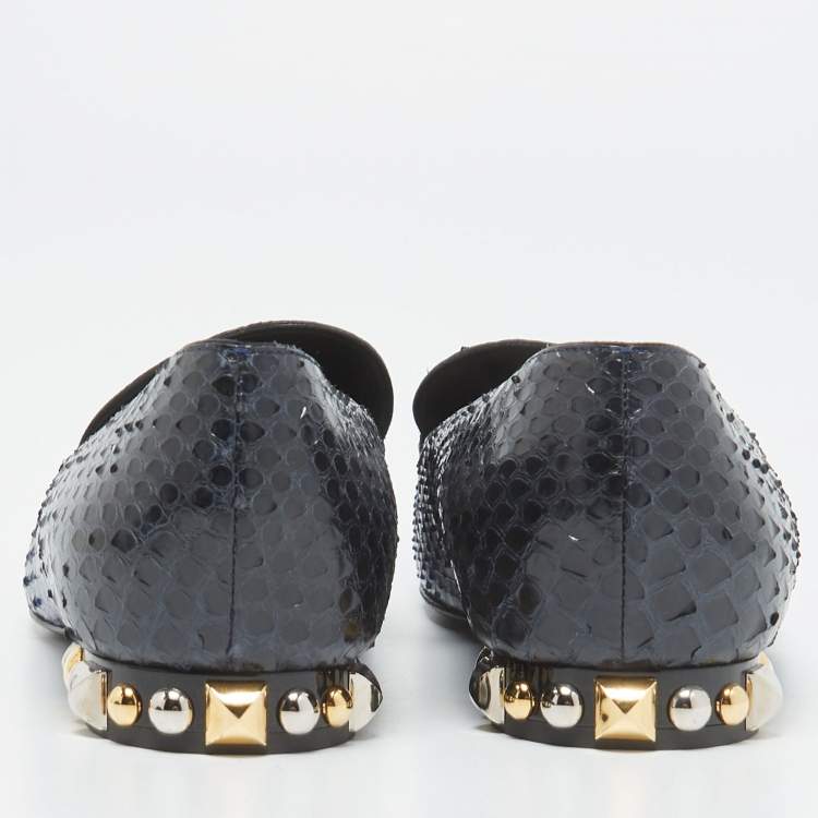 Pre Owned Louis Vuitton Blue/Black Python Studded Heel Loafers Size 38