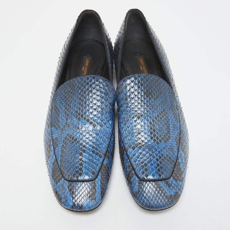 Pre Owned Louis Vuitton Blue/Black Python Studded Heel Loafers Size 38