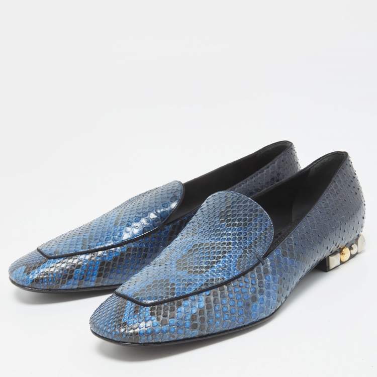 Pre Owned Louis Vuitton Blue/Black Python Studded Heel Loafers Size 38