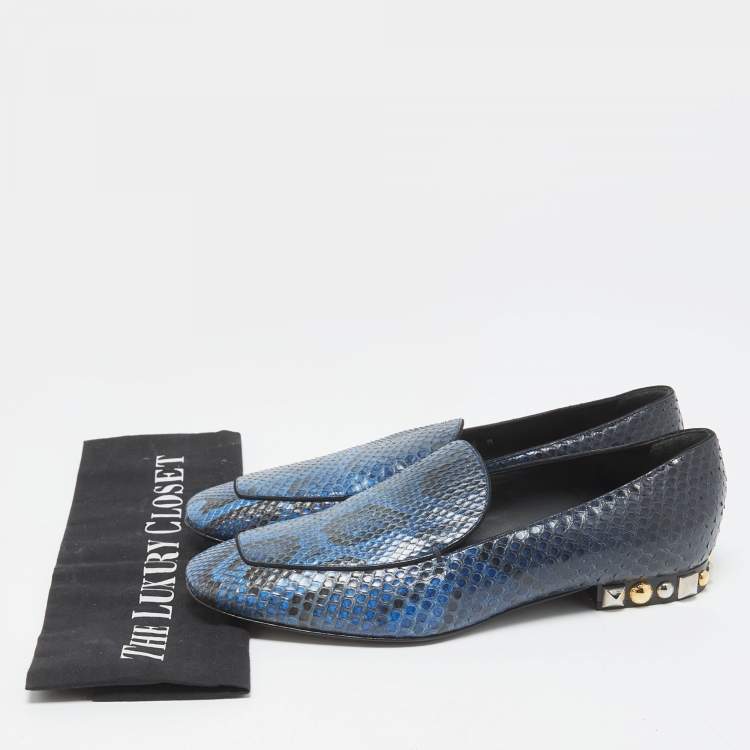 Pre Owned Louis Vuitton Blue/Black Python Studded Heel Loafers Size 38