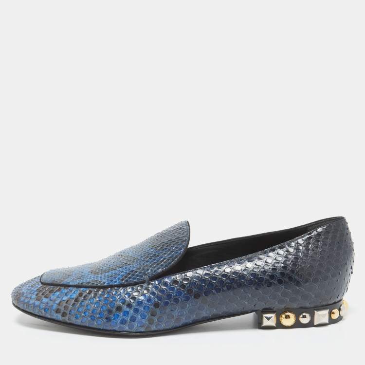 Pre Owned Louis Vuitton Blue/Black Python Studded Heel Loafers Size 38