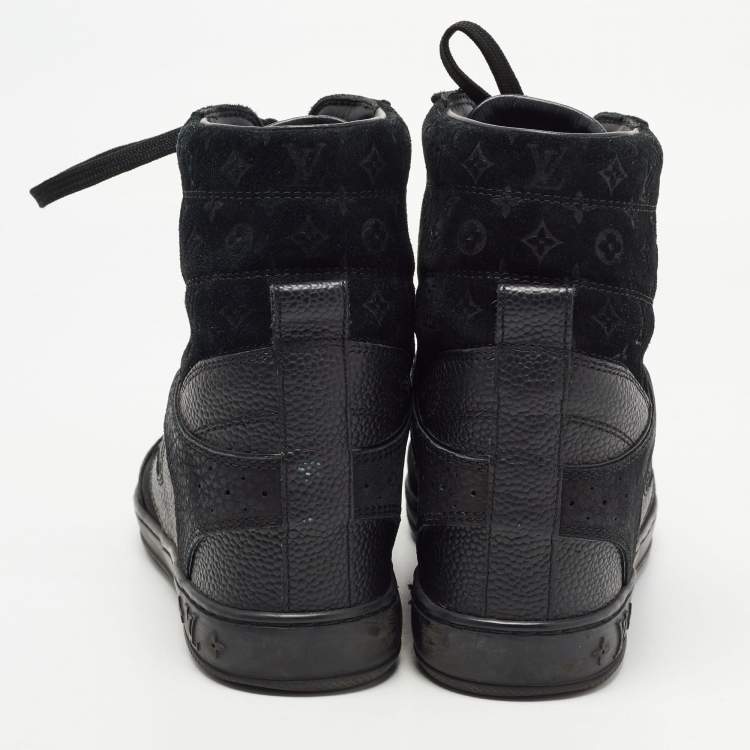 Pre Owned Louis Vuitton Black Leather and Monogram Suede Cliff High Top Sneakers Size 35