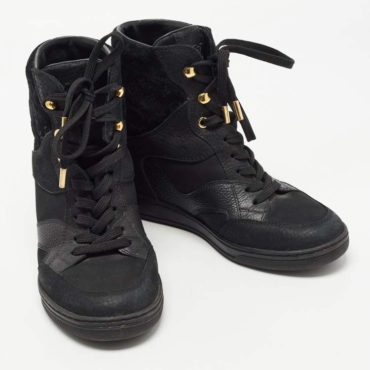 Pre Owned Louis Vuitton Black Leather and Monogram Suede Cliff High Top Sneakers Size 35