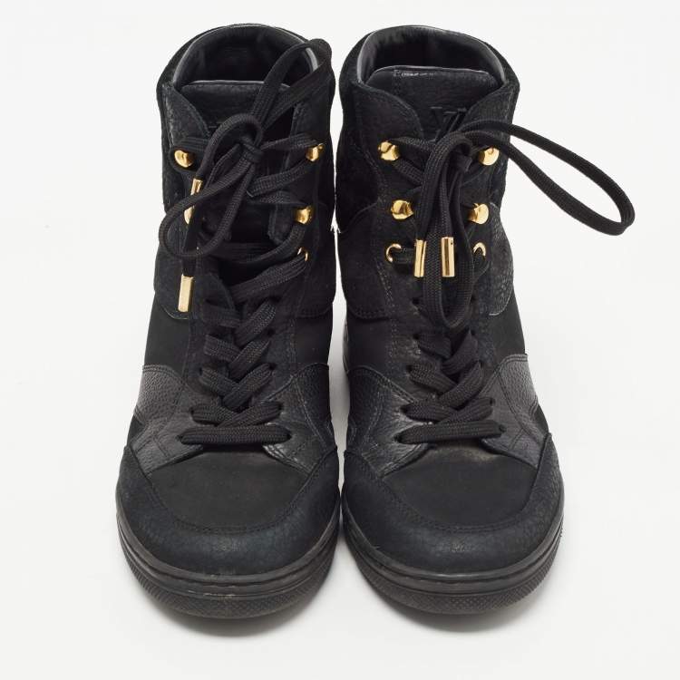 Pre Owned Louis Vuitton Black Leather and Monogram Suede Cliff High Top Sneakers Size 35