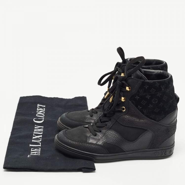 Pre Owned Louis Vuitton Black Leather and Monogram Suede Cliff High Top Sneakers Size 35
