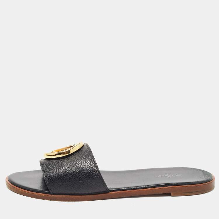 Pre Owned Louis Vuitton Black Leather Lock It Flat Slides Size 39.5