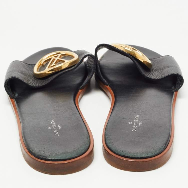 Pre Owned Louis Vuitton Black Leather Lock It Flat Slides Size 39.5