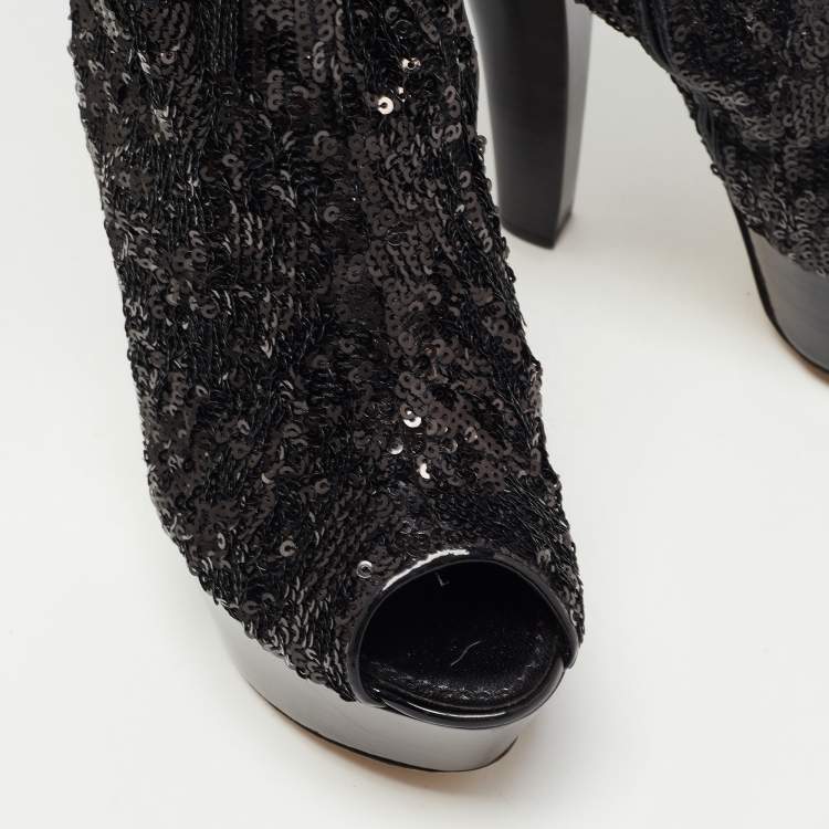 Pre Owned Louis Vuitton Black Sequins Platform Knee Length Boots Size 37.5