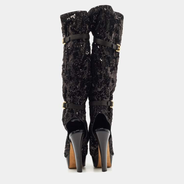Pre Owned Louis Vuitton Black Sequins Platform Knee Length Boots Size 37.5
