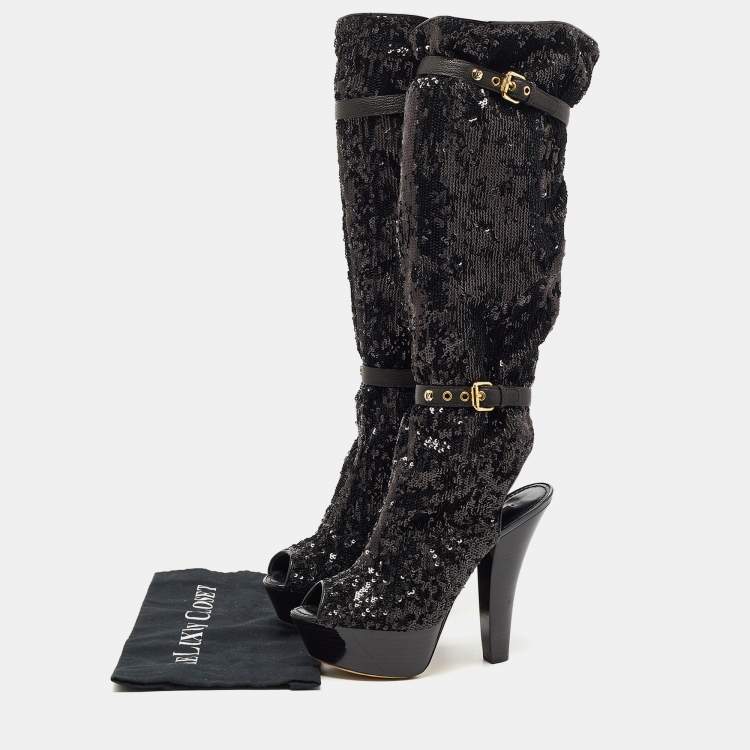 Pre Owned Louis Vuitton Black Sequins Platform Knee Length Boots Size 37.5