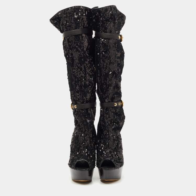 Pre Owned Louis Vuitton Black Sequins Platform Knee Length Boots Size 37.5