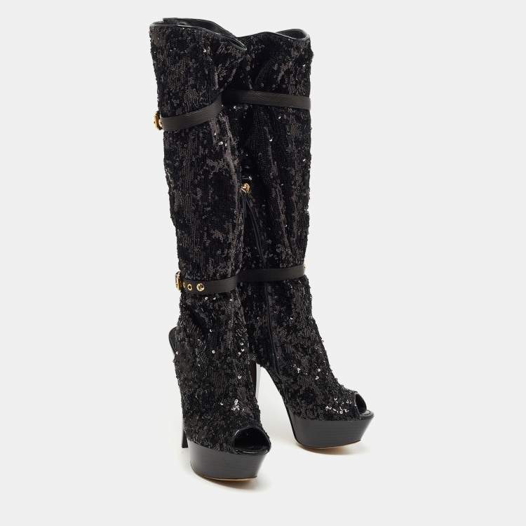 Pre Owned Louis Vuitton Black Sequins Platform Knee Length Boots Size 37.5