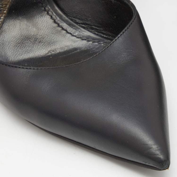 Pre Owned Louis Vuitton Black/Brown Leather and Studded Monogram Canvas Pointed Toe Mules Size 39